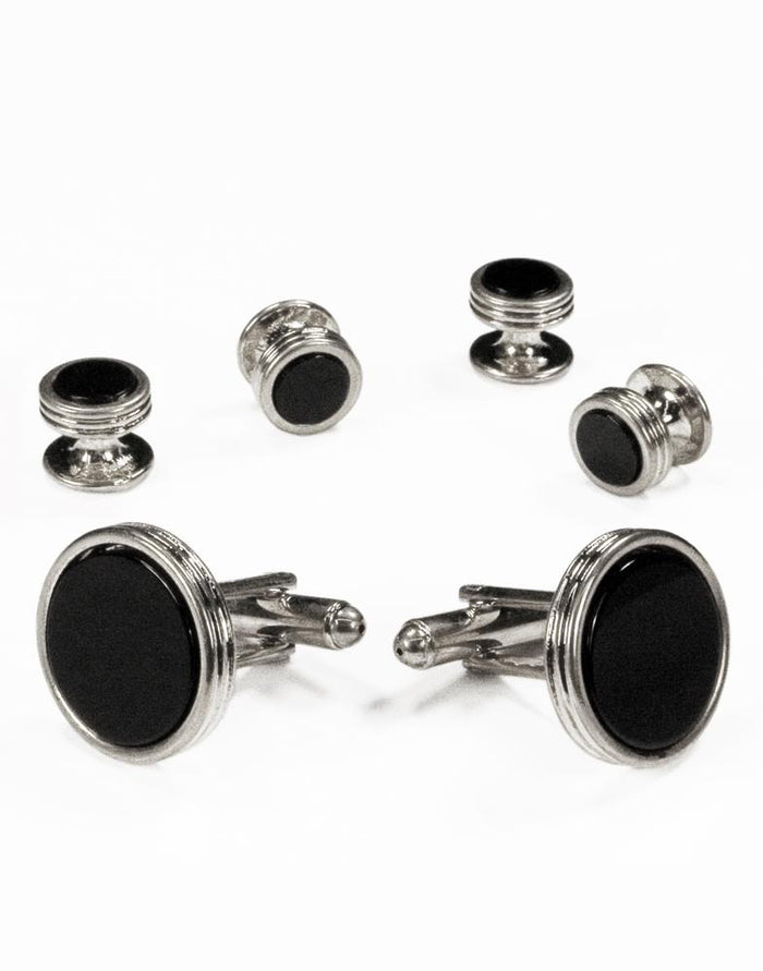 Black Circular Onyx with Silver Concentric Circles Studs by Cristoforo Cardi