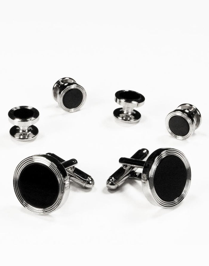 Black Circular Onyx with Silver Edge Concentric Circles Studs by Cristoforo Cardi