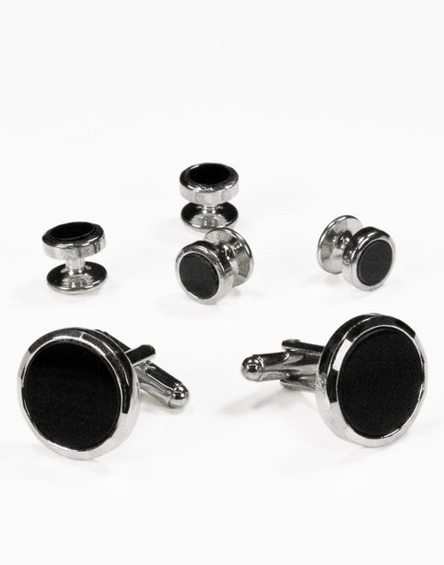 Black Circular Onyx with Silver Facet Cut Edge Studs and Cufflinks Set by Cristoforo Cardi