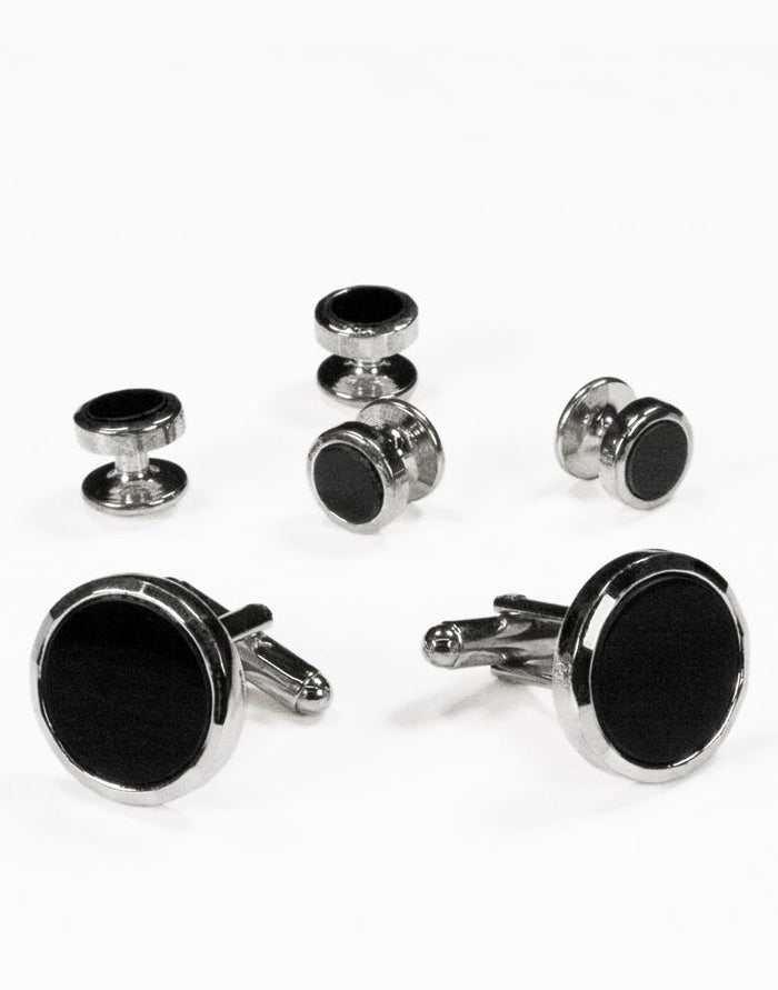 Black Circular Onyx with Silver Facet Cut Edge Studs and Cufflinks Set by Cristoforo Cardi