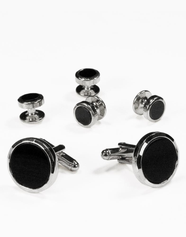 Black Circular Onyx with Silver Facet Cut Edge Studs and Cufflinks Set by Cristoforo Cardi