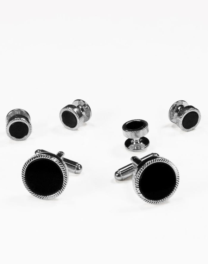 Black Circular Onyx with Silver Feather Cut Edge Studs and Cufflinks Set by Cristoforo Cardi