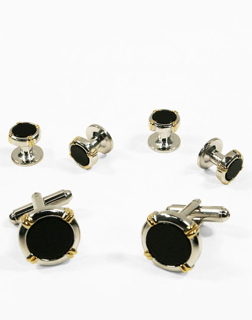 Black Circular Onyx with Silver Trim and Gold Wrapped Accents Studs and Cufflinks Set by Cristoforo Cardi