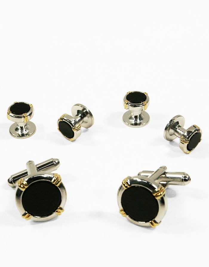 Black Circular Onyx with Silver Trim and Gold Wrapped Accents Studs and Cufflinks Set by Cristoforo Cardi