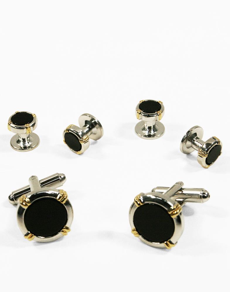 Black Circular Onyx with Silver Trim and Gold Wrapped Accents Studs and Cufflinks Set by Cristoforo Cardi