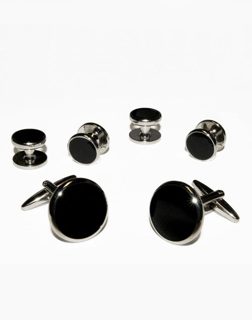 Black Circular Onyx with Silver Trim Studs and Cufflinks Set by Cristoforo Cardi