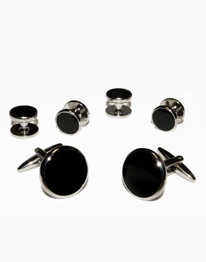 Black Circular Onyx with Silver Trim Studs and Cufflinks Set by Cristoforo Cardi