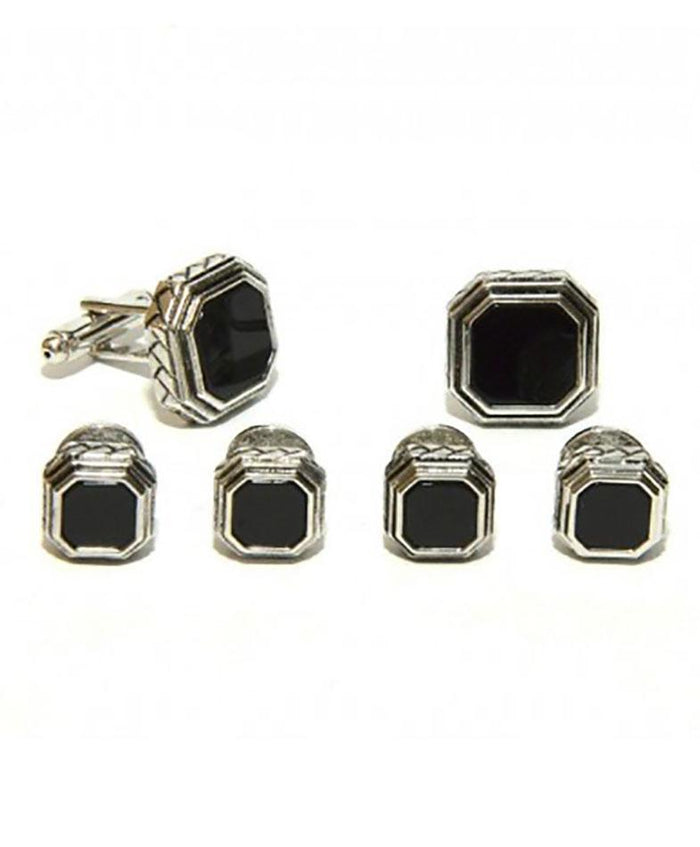 Black Octagon Onyx in Antique Silver Setting Studs & Cufflinks Set by Cristoforo Cardi