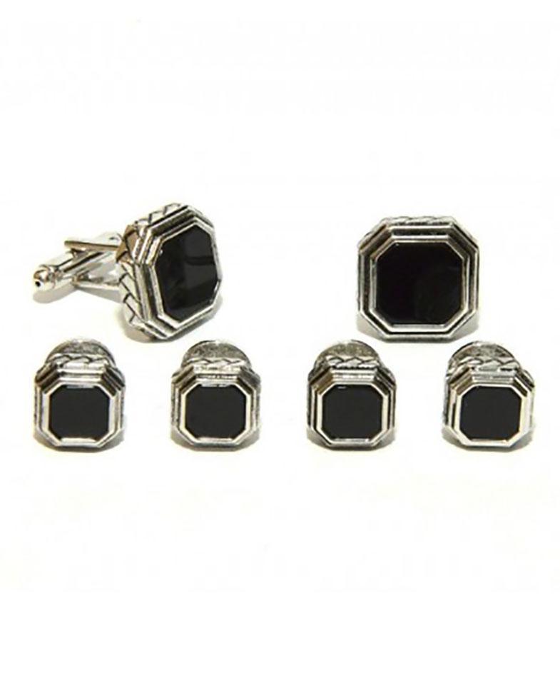 Black Octagon Onyx in Antique Silver Setting Studs & Cufflinks Set by Cristoforo Cardi