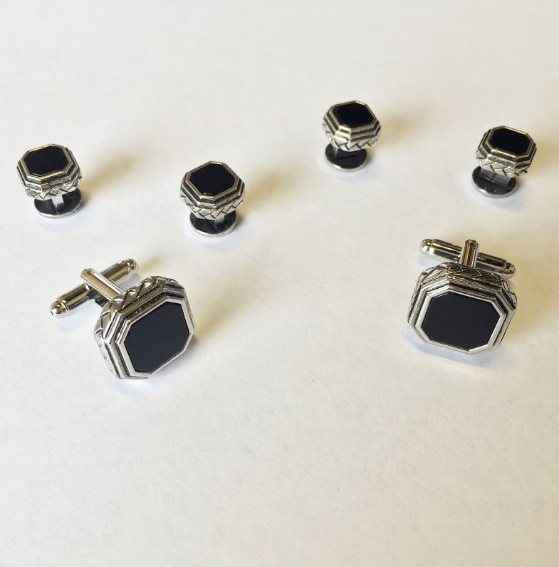 Black Octagon Onyx with Antique Silver Edge Studs and Cufflinks Set by Cristoforo Cardi