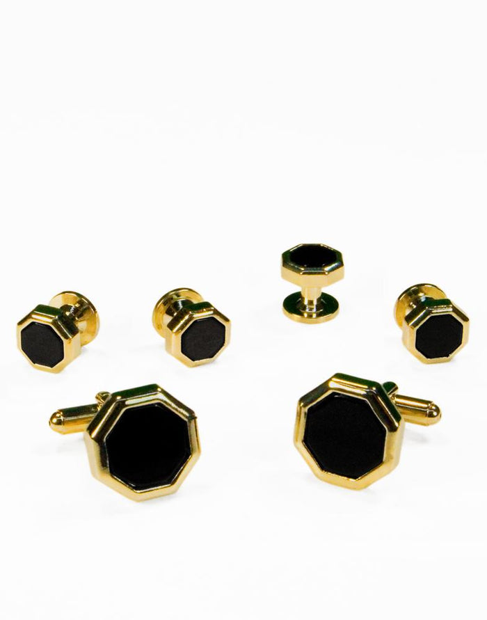 Black Octagon Onyx with Gold Edge Studs and Cufflinks Set by Cristoforo Cardi