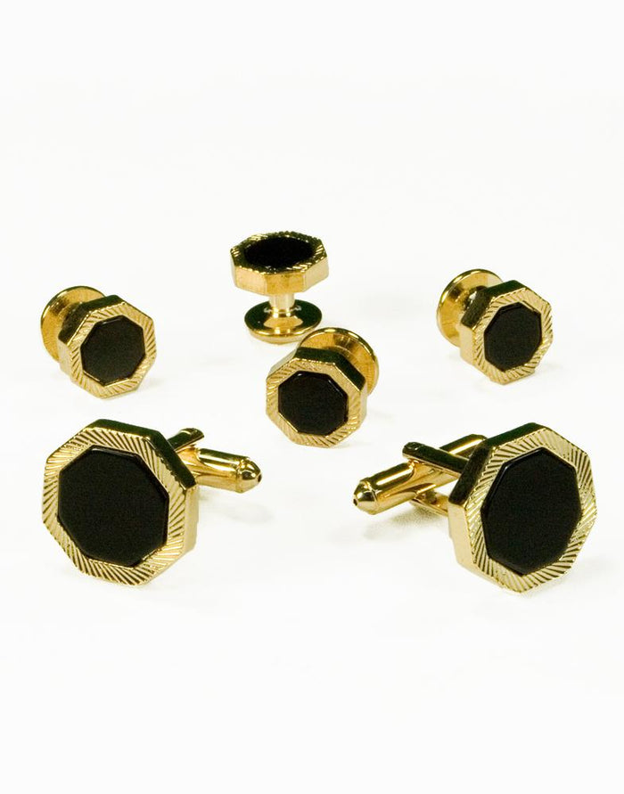 Black Octagon Onyx with Gold Feathered Edge Studs and Cufflinks Set Cristoforo Cardi