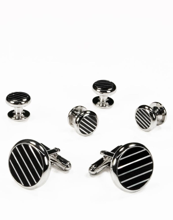 Black & White Circular Onyx and Mother of Pearl Mini-Stripes with Silver Trim Studs and Cufflinks Set