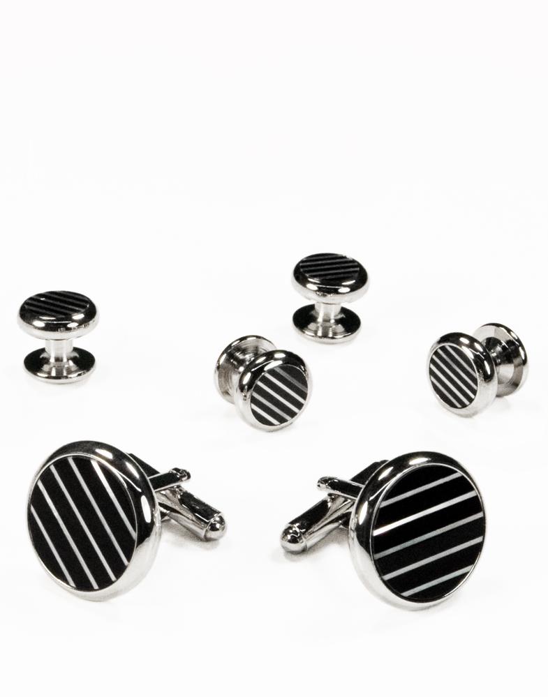 Black & White Circular Onyx and Mother of Pearl Mini-Stripes with Silver Trim Studs and Cufflinks Set