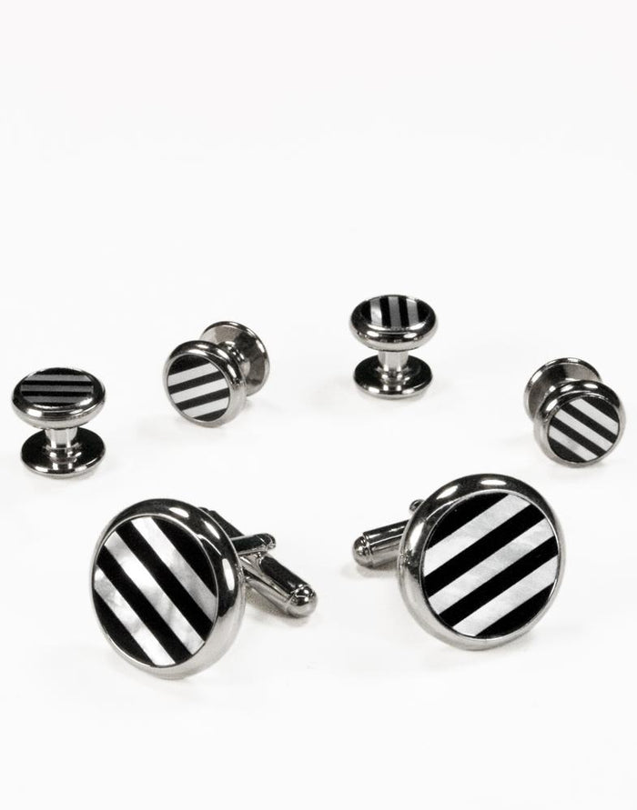 Black & White Circular Onyx and Mother of Pearl Stripes with Silver Trim Studs and Cufflinks Set by Cristoforo Cardi