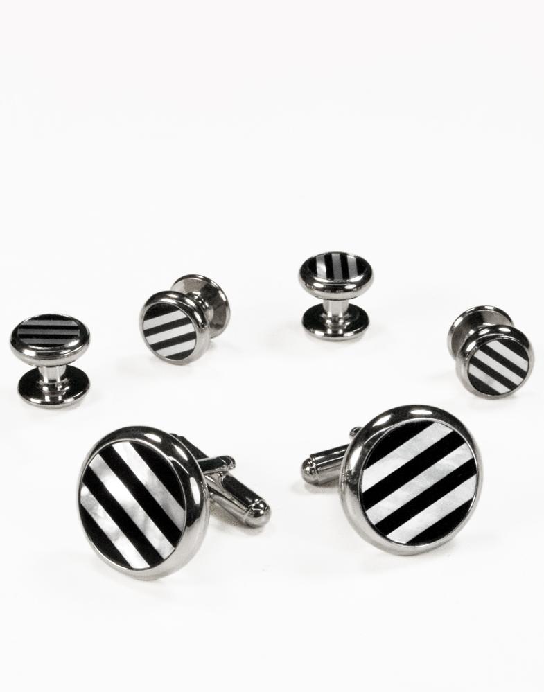 Black & White Circular Onyx and Mother of Pearl Stripes with Silver Trim Studs and Cufflinks Set by Cristoforo Cardi