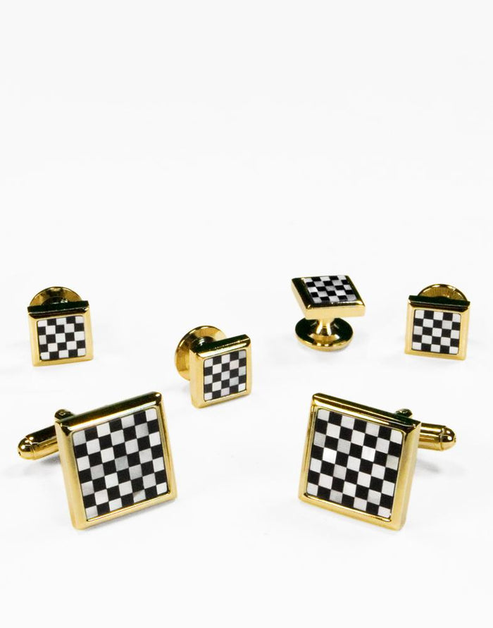 Black & White Square Onyx and Mother of Pearl Checkerboard with Gold Trim Studs and Cufflinks Set by Cristoforo Cardi