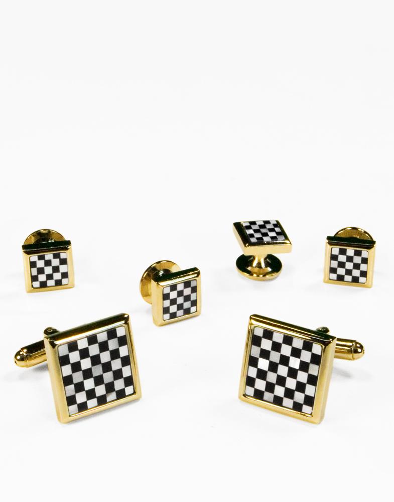 Black & White Square Onyx and Mother of Pearl Checkerboard with Gold Trim Studs and Cufflinks Set by Cristoforo Cardi