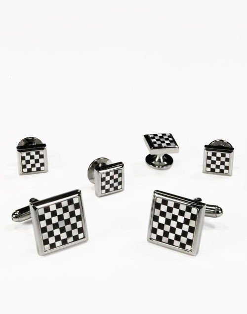 Black & White Square Onyx and Mother of Pearl Checkerboard with Silver Trim Studs - Cristoforo Cardi