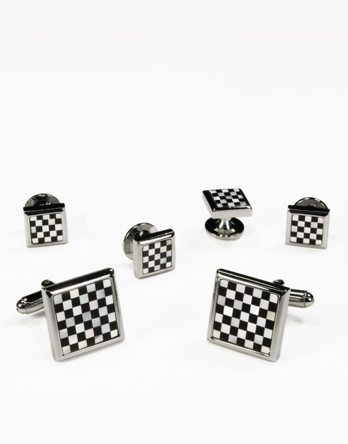Black & White Square Onyx and Mother of Pearl Checkerboard with Silver Trim Studs - Cristoforo Cardi