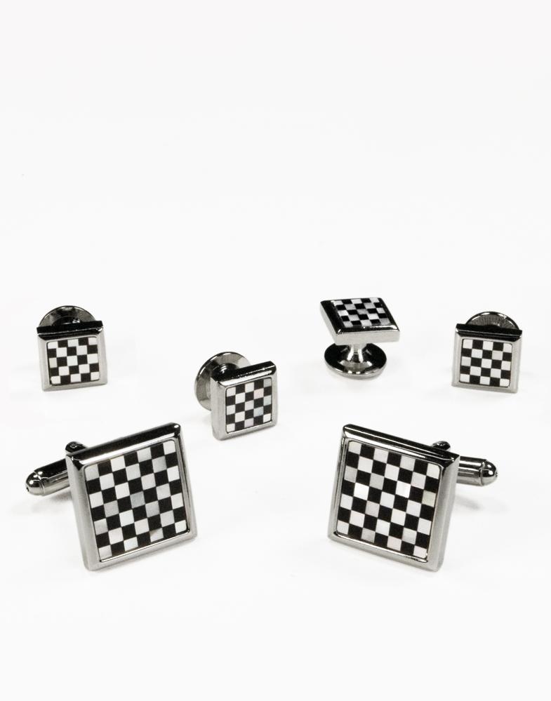 Black & White Square Onyx and Mother of Pearl Checkerboard with Silver Trim Studs - Cristoforo Cardi