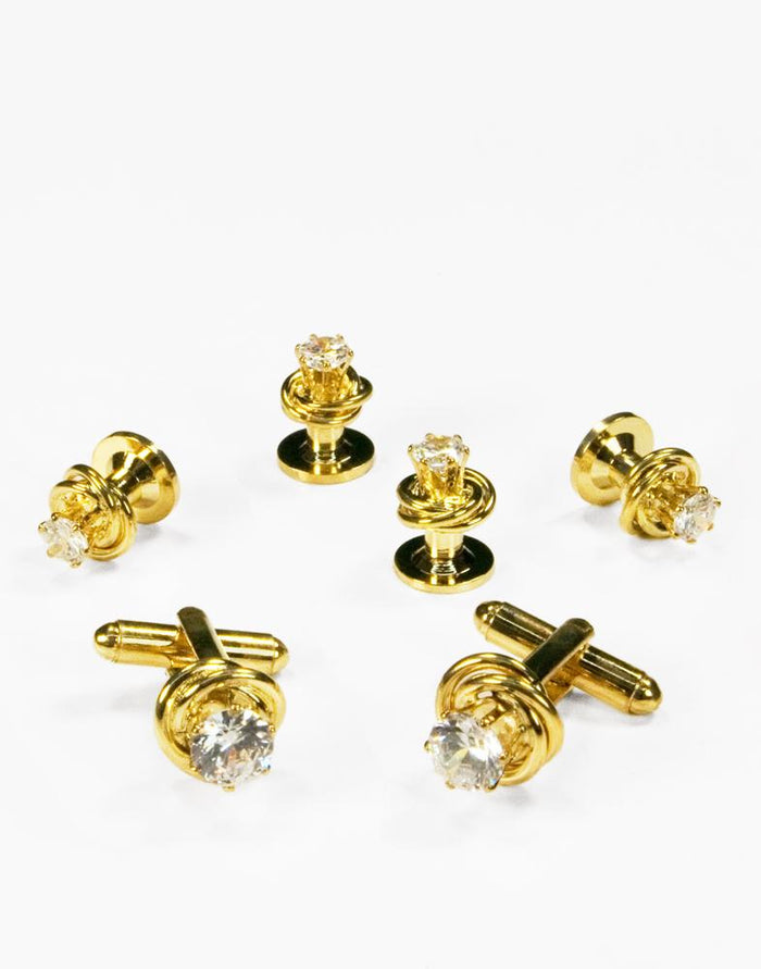 Crystal in Gold Loveknot Studs and Cufflinks Set by Cristoforo Cardi