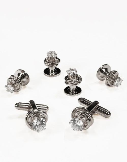 Crystal in Silver Loveknot Studs and Cufflinks Set by Cristoforo Cardi