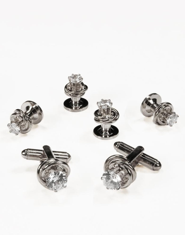Crystal in Silver Loveknot Studs and Cufflinks Set by Cristoforo Cardi