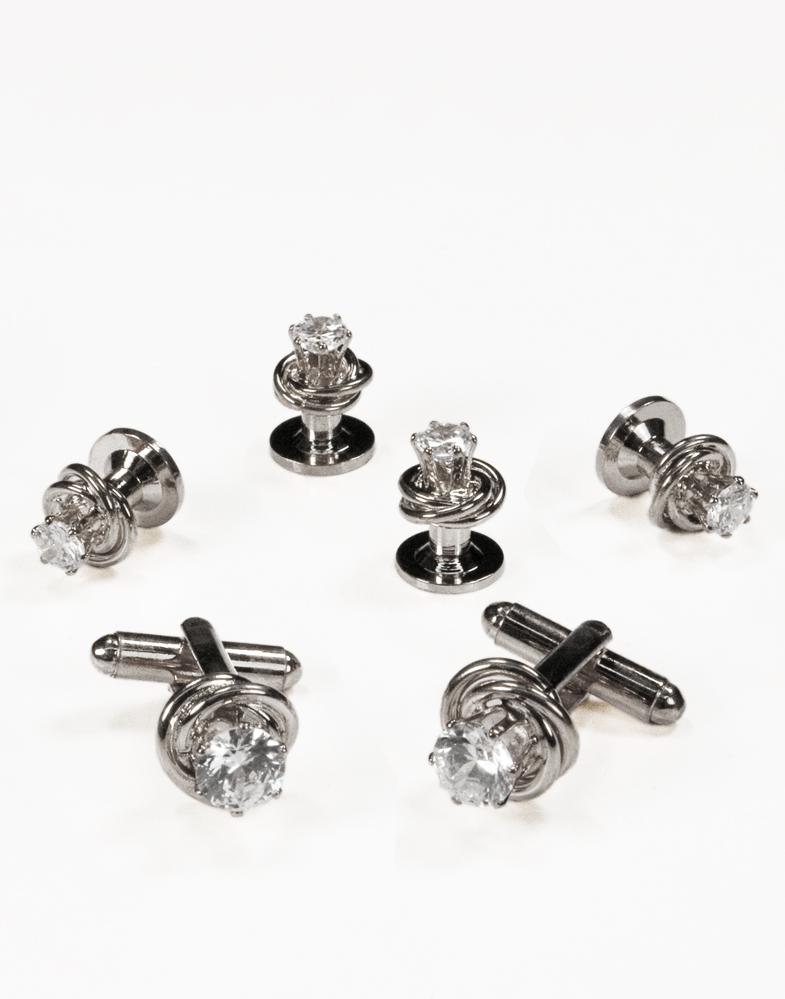 Crystal in Silver Loveknot Studs and Cufflinks Set by Cristoforo Cardi