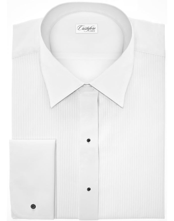 Dominic White Swiss Pleat Laydown Tuxedo Shirt by Cristoforo Cardi
