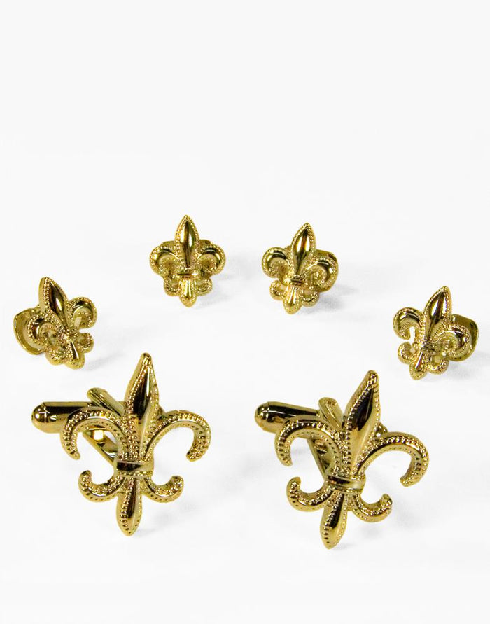 Fleur de Lis Gold Studs and Cufflinks Set