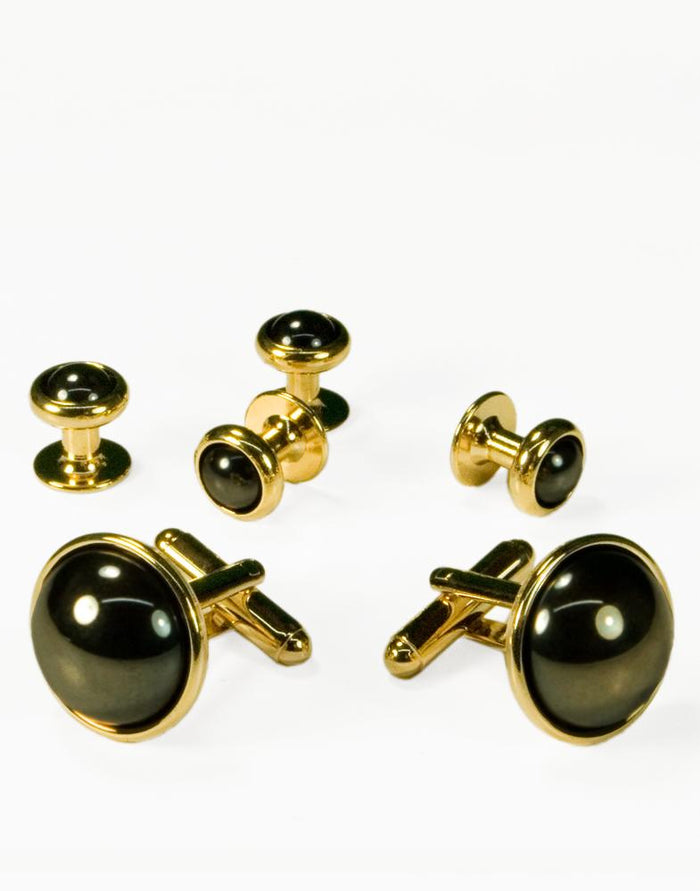 Hematite Dome with Gold Trim Studs and Cufflinks Set by Cristoforo Cardi