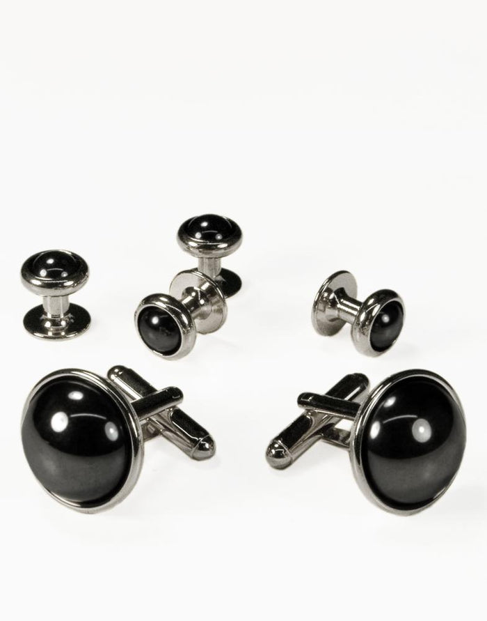 Hematite Dome with Silver Trim Studs and Cufflinks Set by Cristoforo Cardi