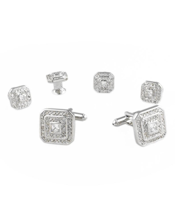 Square CZ with Silver Trim Studs and Cufflinks Set by Cristoforo Cardi