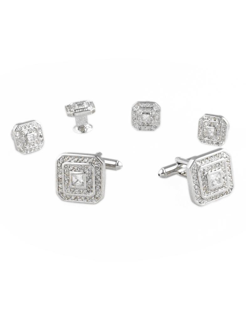 Square CZ with Silver Trim Studs and Cufflinks Set by Cristoforo Cardi