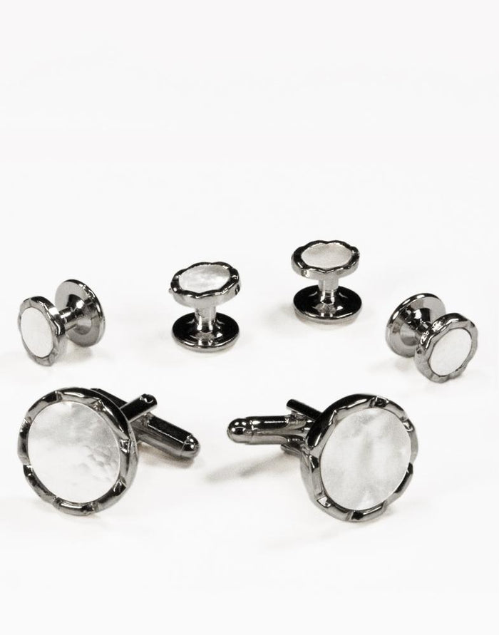 White Circular Mother of Pearl with Silver Diamond Cut Edge Studs and Cufflinks Set by Cristoforo Cardi