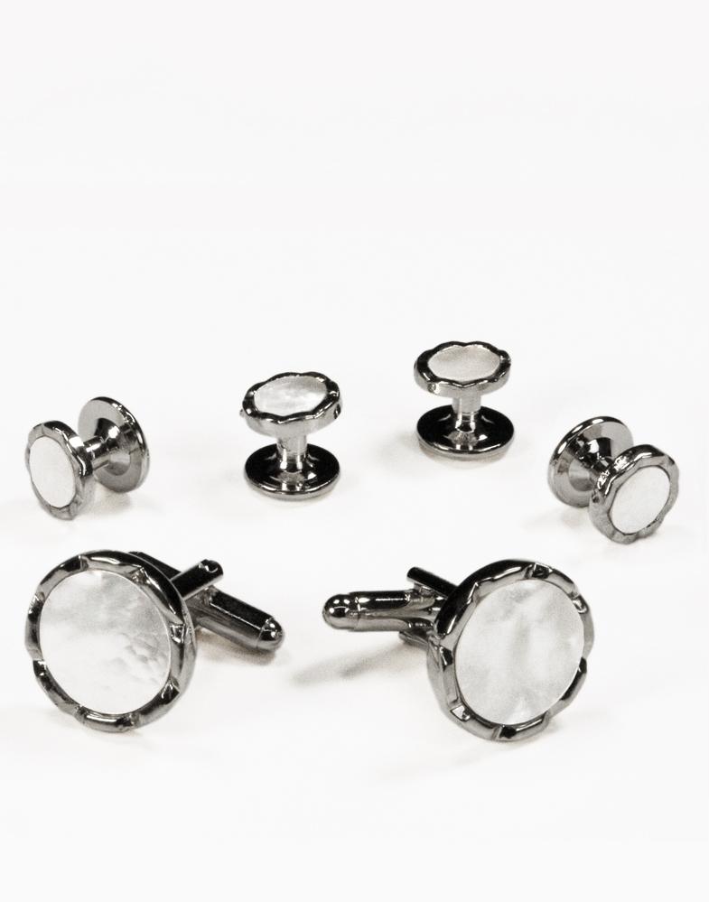 White Circular Mother of Pearl with Silver Diamond Cut Edge Studs and Cufflinks Set by Cristoforo Cardi