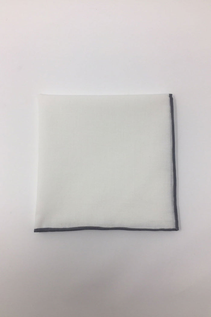 White Cotton with Grey Border Pocket Square by Cristoforo Cardi