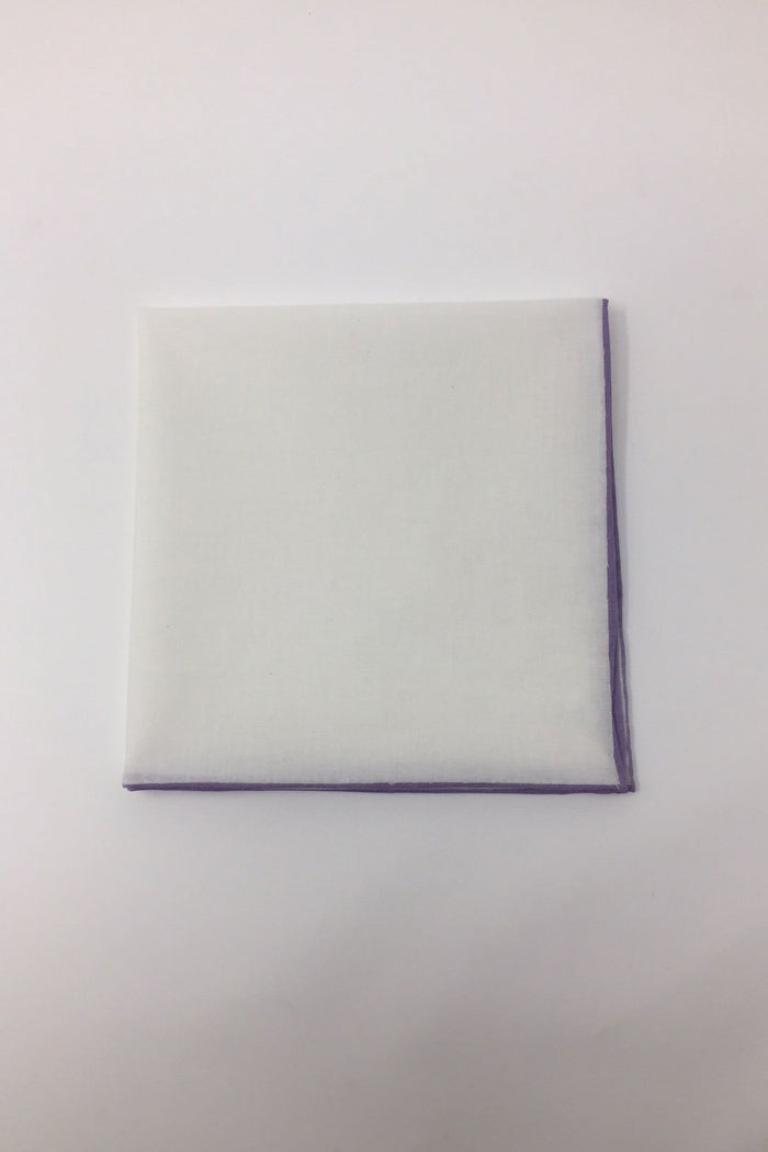 White Cotton with Lavender Border Pocket Square by Cristoforo Cardi