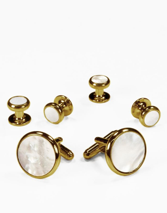 White Mother of Pearl in Gold Setting Studs & Cufflinks Set by Cristoforo Cardi