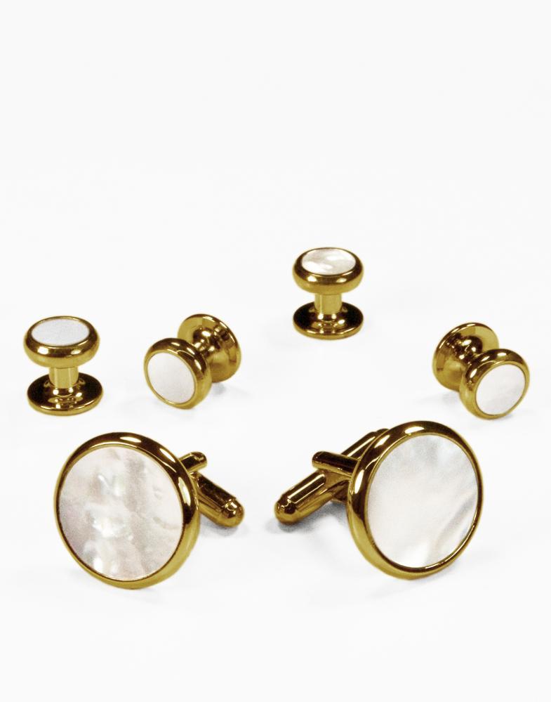 White Mother of Pearl in Gold Setting Studs & Cufflinks Set by Cristoforo Cardi