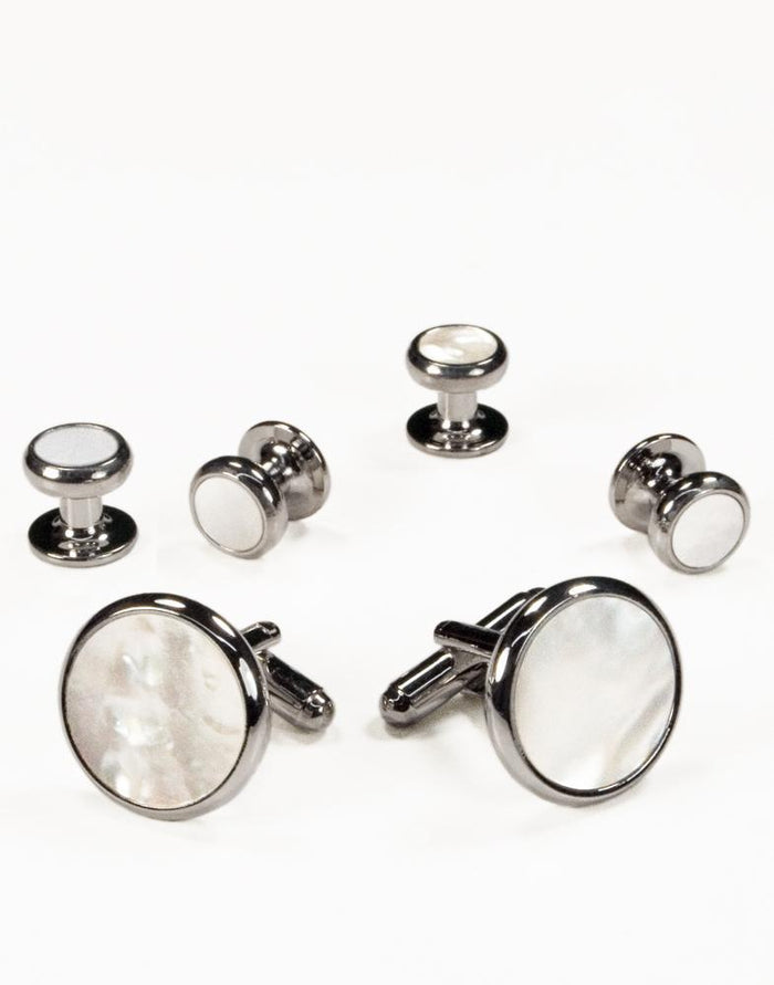White Mother of Pearl in Silver Setting Studs & Cufflinks Set by Cristoforo Cardi
