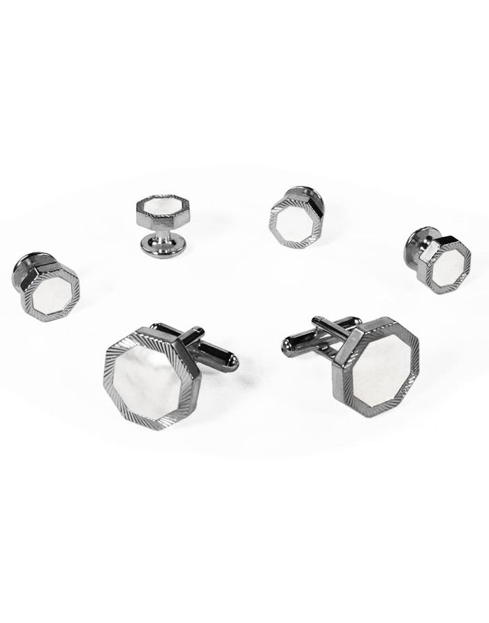 White Octagon Mother of Pearl with Silver Edge Studs and Cufflinks Set by Cristoforo Cardi