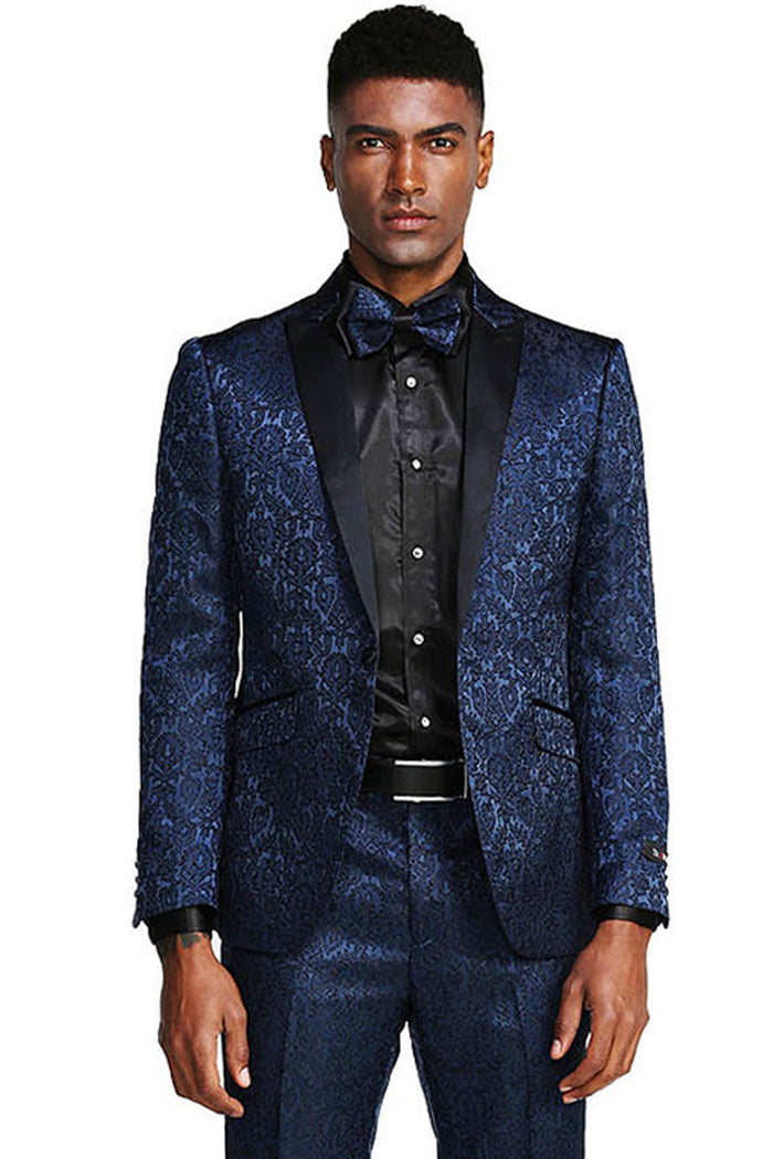 Navy Blue Men's Slim Fit Paisley Tuxedo - One Button Wedding & Prom Suit by Tazzio