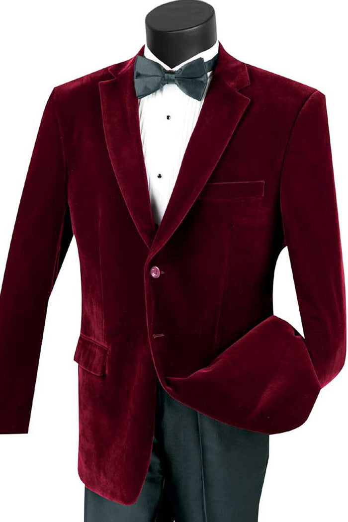 Mens Modern Fit 2 Button Velvet Blazer in Burgundy by Vinci