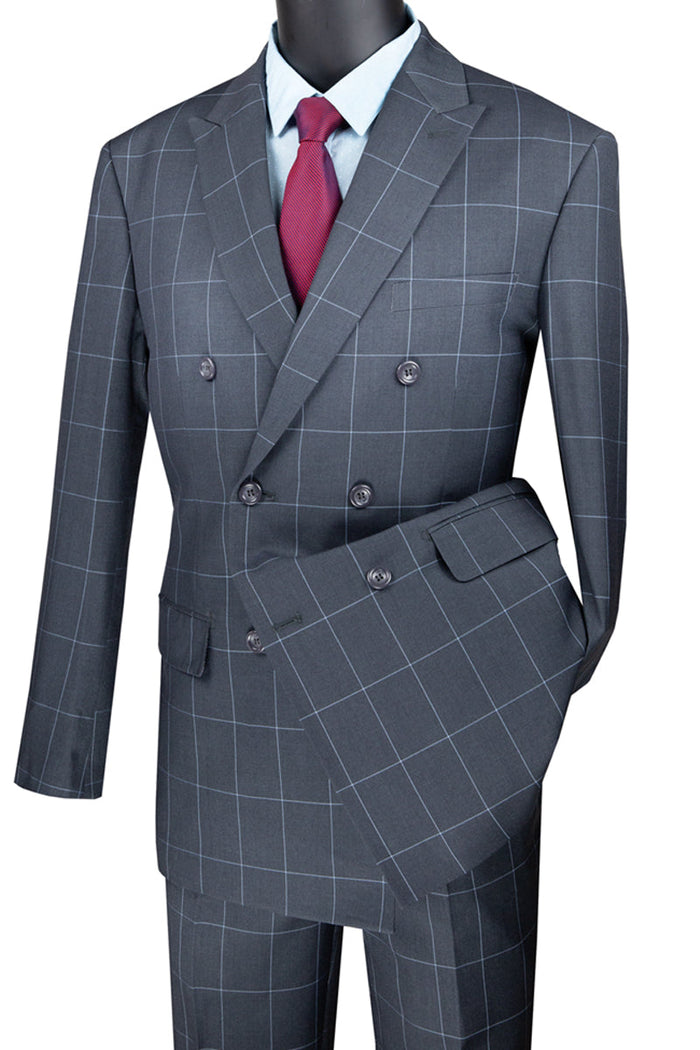 Mens Double Breasted Bold Windowpane Suit in Burgundy by Vinci