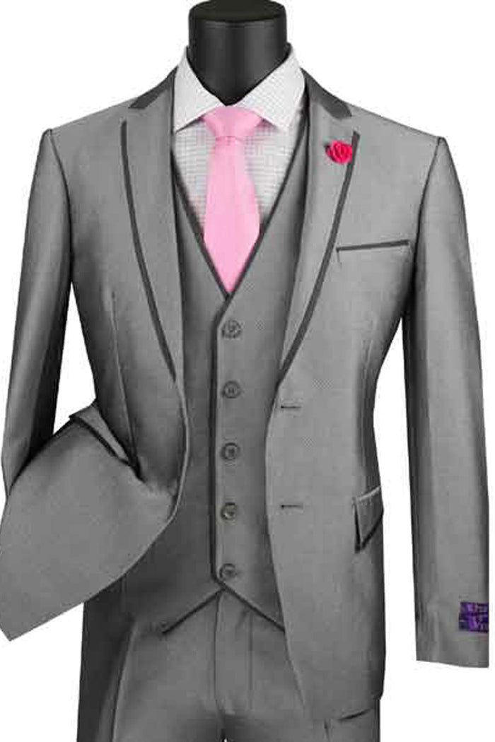 Mens Ultra Slim Fit Vested Suit with Trim in Black by Vinci