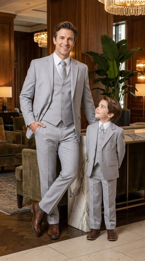 Dad and Son Suit – Father and Son Matching Light Gray 3-Piece Wedding Suits in Very Light Grey - Silver Ash Color