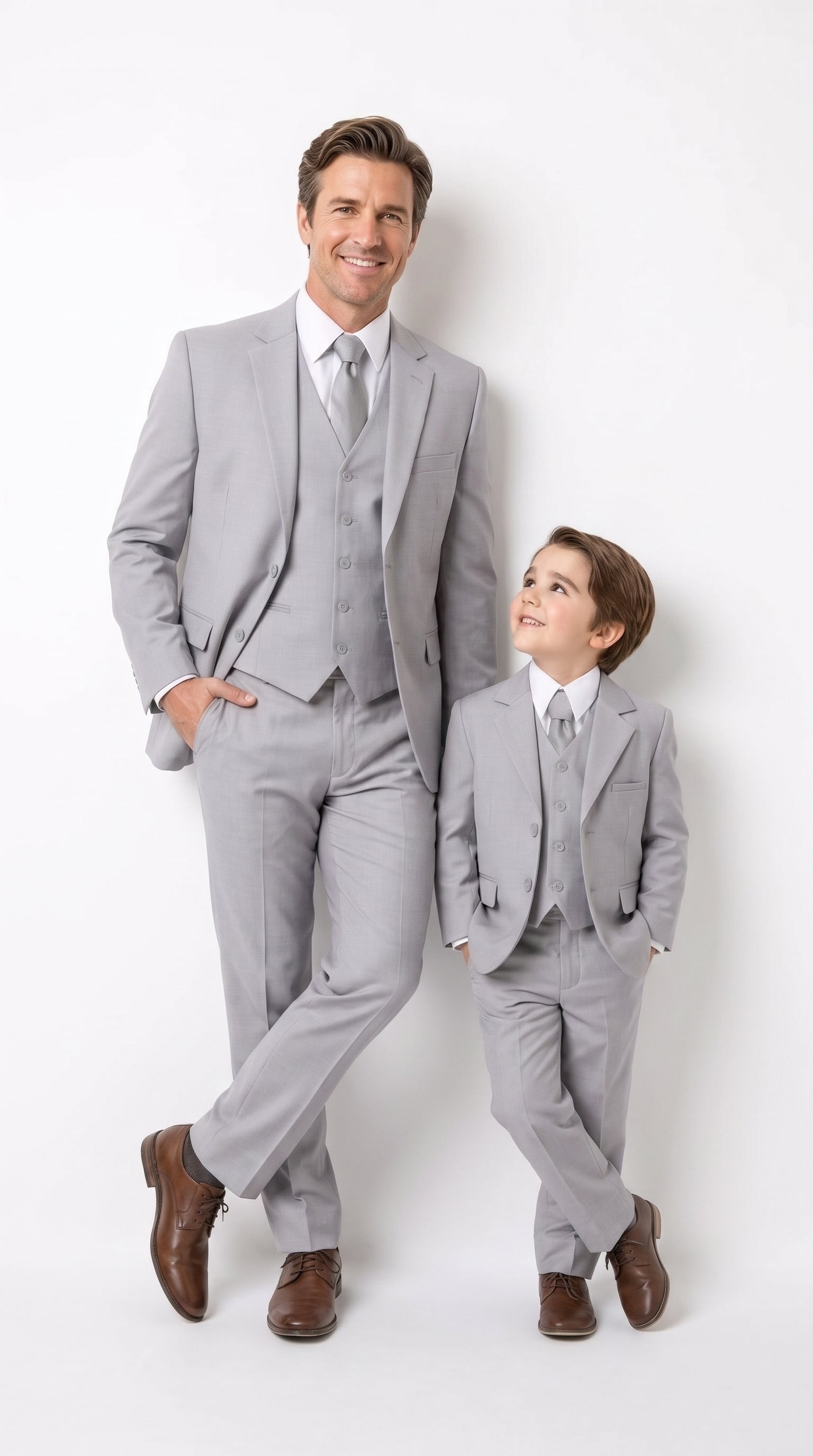 Dad and Son Suit – Father and Son Matching Light Gray 3-Piece Wedding Suits in Very Light Grey - Silver Ash Color