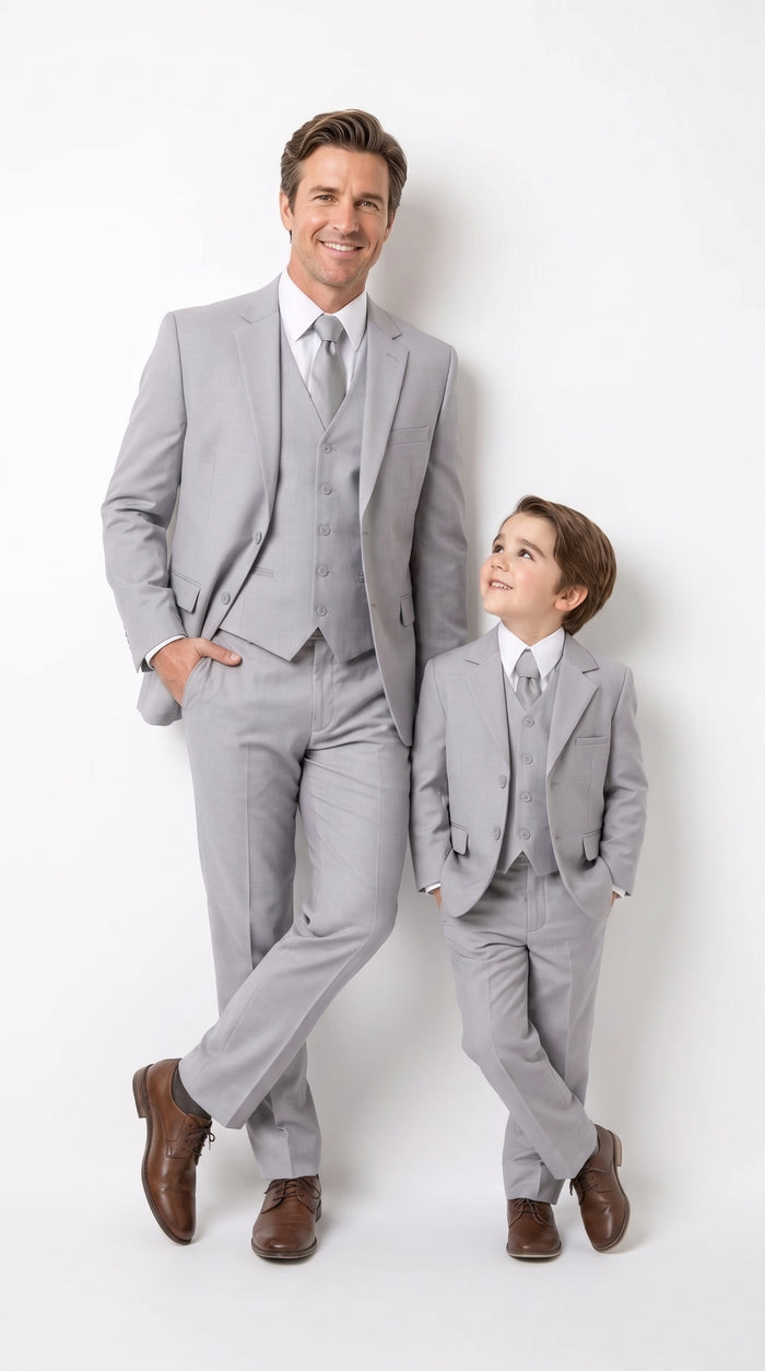 Dad and Son Suit – Father and Son Matching Light Gray 3-Piece Wedding Suits in Very Light Grey - Silver Ash Color